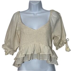 Jacquie the Label Milkmaid Coquette Cream Smocked Ruffled Peplum Top Size Large